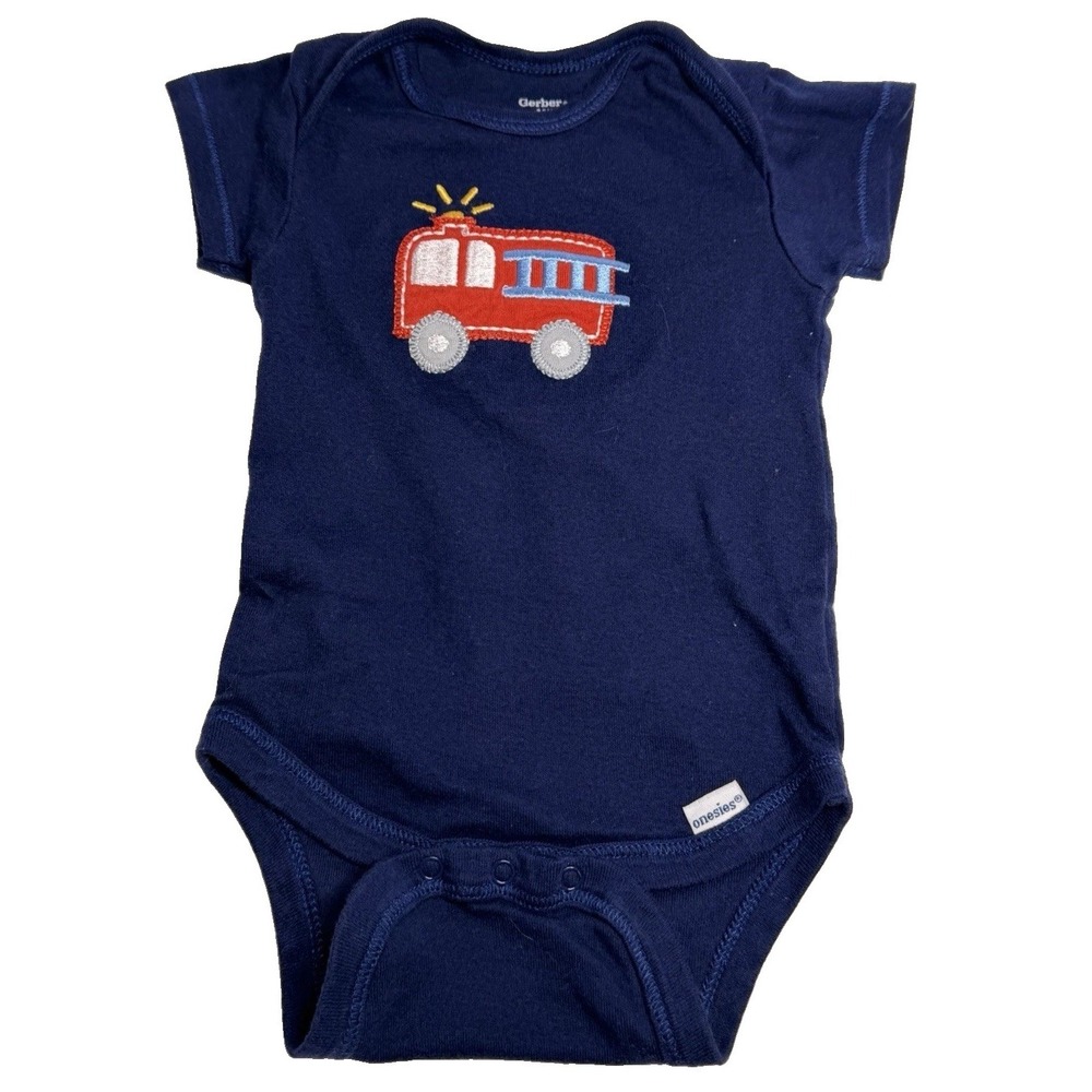 Gerber Baby Boy 3-9M Navy Fire Truck Embroidered Bodysuit Onesie